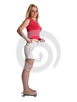 Girl with cordon tape on scales