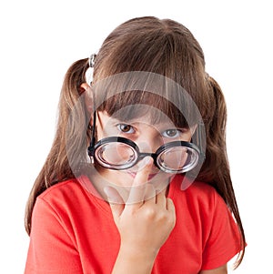 Girl corrects glasses on his nose