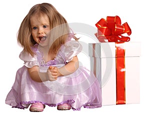 Girl in costume of doll with gift box.