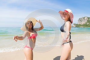Girl Couple On Beach Summer Vacation, Young Woman Wear Hat Sea Ocean