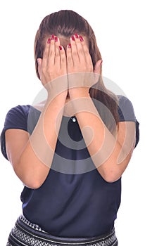 Girl cover her face with hands