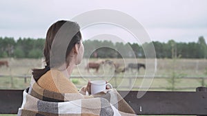 A girl covered with a blanket, drinks hot coffee from a white mug and watches the horses grazing in the pasture