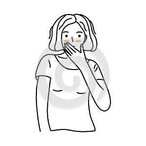 Girl covers her mouth with hand in surprise. Vector