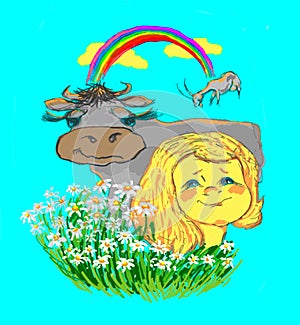 Girl, cow, rainbow.