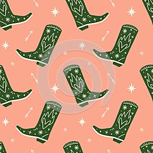 Girl cowboy boots boho seamless pattern in vector