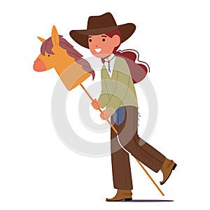 Girl Cowboy Clad In A Rustic Ensemble, Gleefully Rides her Trusty Wooden Horse, Embodying The Spirit Of The Wild West