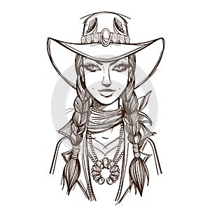 Girl in a cowboy hat illustration for coloring. Portrait of a beautiful woman. Country style for t-shirt design or print