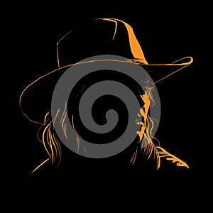 Girl with cowboy hat silhouette in contrast backlight. Vector. Illustration photo