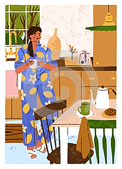 Girl in cozy kitchen interior, at modern hygge home. Young woman standing with mug, drinking tea in morning on holiday