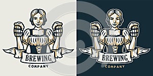 Girl with beer pint. Logo for bevery bar or pub