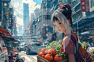 Girl with a crate of vegetables on a street in a bustling city. The buildings in the background are tall and modern, and