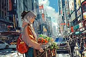 girl with a crate of vegetables on a street in a bustling city. The buildings in the background are tall and modern, and