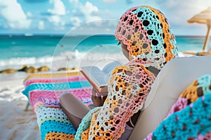 girl in a crochet coverup reading a book on a beach lounger