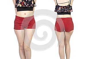 Girl in a crop top and red mini shorts with floral pattern  on white, body part, back and front photo