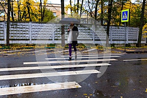 The girl crosses the road on the pedestrian crossing.