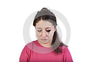 Girl crying over makeup, sad person concept