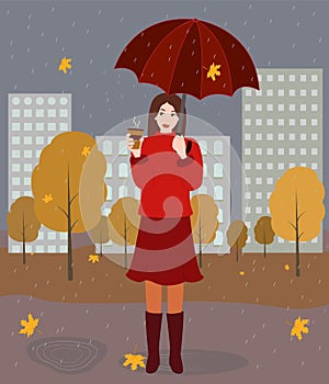 Girl with a cup of hot coffee and an umbrella stands under rain. Autumn in the city vector illustration
