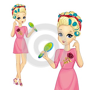 Girl With Curlers Hold Hairbrush