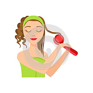 Girl Curling The Hair WIth Electric Curler, Woman With Closed Eyes Doing Home Spa Procedure Illustration