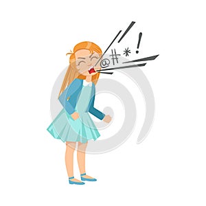 Girl Cursing Teenage Bully Demonstrating Mischievous Uncontrollable Delinquent Behavior Cartoon Illustration