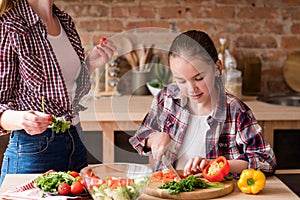 Girl cut vegie cook dinner ingredient healthy food