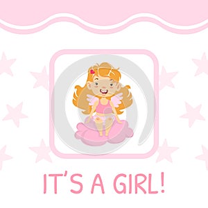 It is a Girl Cute Baby Card Template with Adorble Girl Angel, Invitation, Greeting Card Design Cartoon Vector