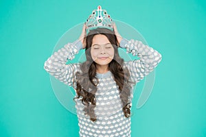 Girl cute baby wear crown blue background. Success and happiness. So pleased. Princess concept. Girl princess. Lady