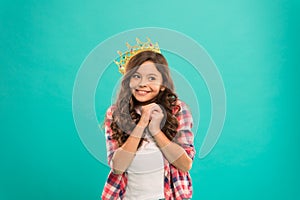 Girl cute baby wear crown while stand blue background. Become princess concept. Every girl dreaming to be princess. Lady