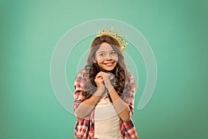 Girl cute baby wear crown while stand blue background. Become princess concept. Every girl dreaming to be princess. Lady