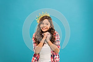 Girl cute baby wear crown while stand blue background. Become princess concept. Every girl dreaming to be princess. Lady
