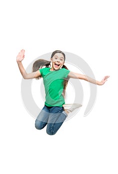 Girl cute child with long hair feeling awesome active. Leisure and activity. Active game for children. Kid captured in