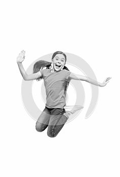 Girl cute child with long hair feeling awesome active. Leisure and activity. Active game for children. Kid captured in