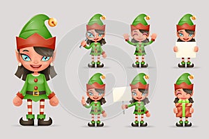 Girl Cute Elf Christmas Santa Teen Icons New Year Holiday 3d Cartoon Characters Realistic Icons Set Design Vector