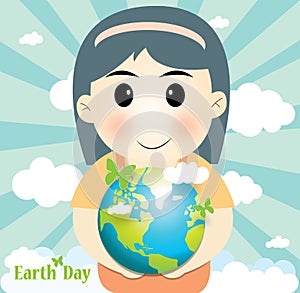Girl cute holding the world ,concept earth day and ecology