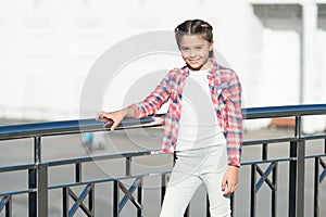 Girl cute kid urban background. Activities for teenagers. Vacation and leisure. Weekend events for kids. Leisure fun