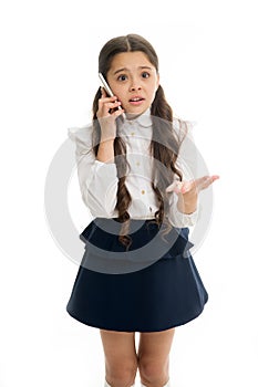 Girl cute long hair talk smartphone white background. Child desperate helpless face expression speak smartphone