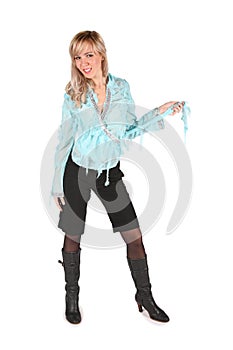 Girl in cyan blouse stand