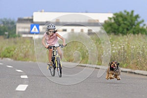 Girl cycling and dog running