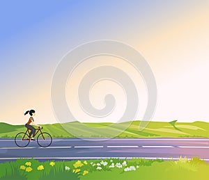 Girl cycling on the road beautiful morning scene illustration