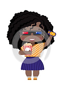 Girl in 3D glasses, with a ticket to the cinema and popcorn