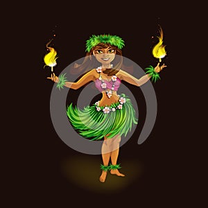 Girl dancer in Hawaiian folk clothes with torches for fiery dance. Hula Dance and Fire Show.