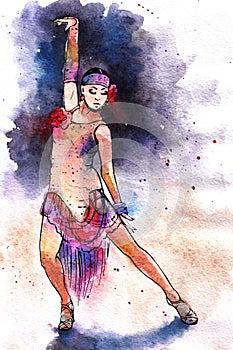 Girl dancing passion latin dance watercolor drawing