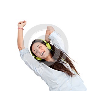 Girl dancing to the beat with headphones.