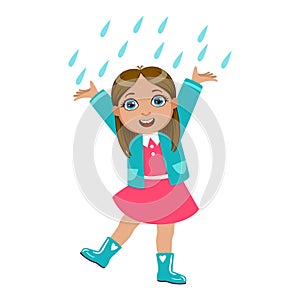 Girl Dancing Under Raindrops, Kid In Autumn Clothes In Fall Season Enjoyingn Rain And Rainy Weather, Splashes And