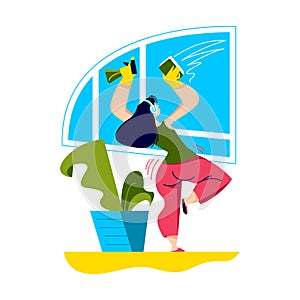 Girl dancing while washing windows. Cartoon woman having fun cleaning house and doing housework