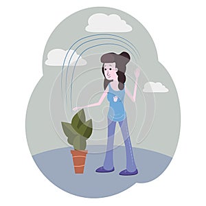 The girl with dark hair in blue watering a plant. Vector cartoon illustration. Character