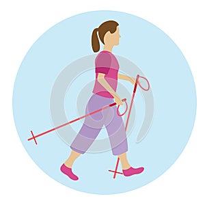 Girl dealing with sports nordic walking. Colored icon flat style.