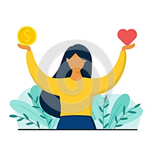 Girl decides between career and health. Work and life or health balance concept. Flat style vector illustration