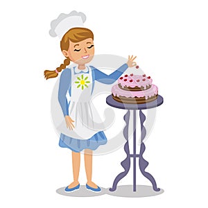 Girl decorates a cake with cherries. Cute cartoon girl with cake