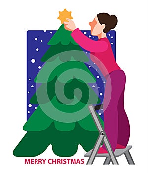 Girl decorates Christmas tree vector flat illustration